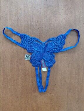 Adpre Me Blue Butterfly Open Crotch Embroidered G-string Thong Panty NWT M
